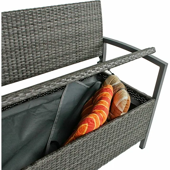 Garden Pleasure Gartenbank Ferrara - B x T x H: 117 x 58 x 86 cm, Aluminium, Polyrattan, Grau - Graue Rattan-Sitzbank mit geöffnetem Deckel, zeigt eine dunkelgraue Einlage und bunte Kissen.
