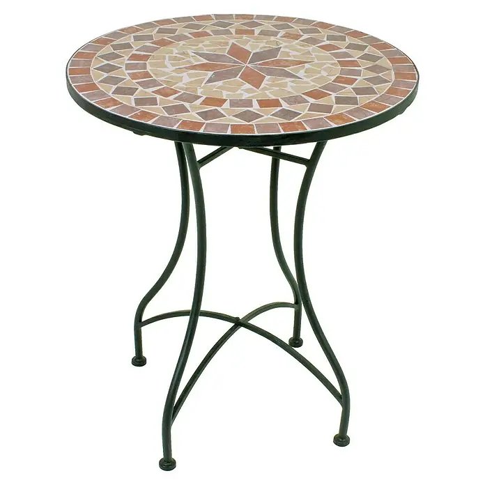 Garden Pleasure Balkonmöbel-Set Amarillo - 3 -tlg., Schmiedeeisen, Keramik, Braun/Ocker, Klappbar - Runder Mosaik-Bistrotisch mit sternförmiger Platte in Beige-, Braun- und Cremetönen, auf dunklem Metallgestell.