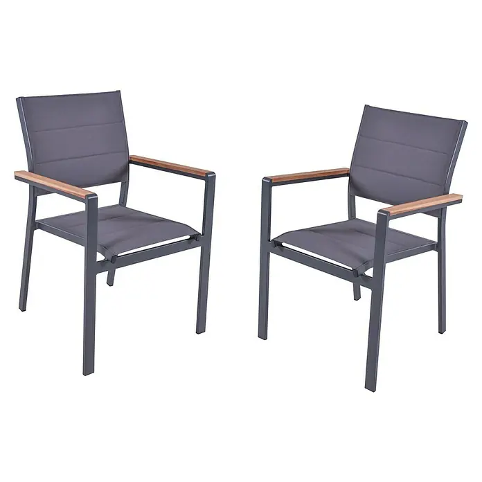 Garden Pleasure Stapelstuhl Davina - 2 Stk., Aluminium, Teak, Stapelbar, Dunkelblau, B x T x H: 58 x 57 x 86 cm - Zwei graue Outdoor-Esszimmerstühle mit Holzarmlehnen und Textilgewebe.