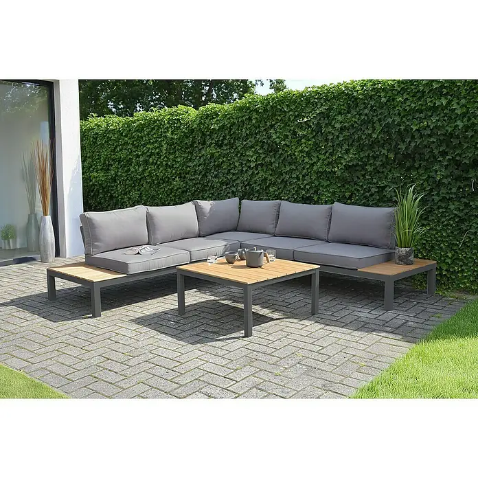 Garden Pleasure Loungemöbel-Set Valentina - 4 -tlg., Aluminium, Braun/Anthrazit - L-förmiges graues Outdoor-Loungeset mit Holzapplikationen und passendem Couchtisch auf gepflasterter Terrasse.