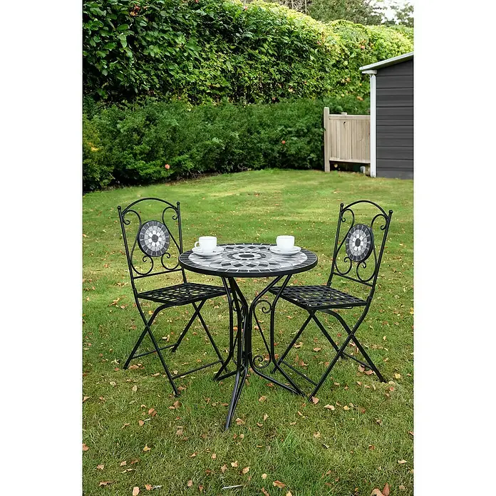 Garden Pleasure Balkonmöbel-Set Jalua - 3 -tlg., Stahl, Keramik, Schwarz-Grau-Weiß, Klappbar - Schwarzes Metall-Mosaik-Bistrotischset mit zwei Tassen.