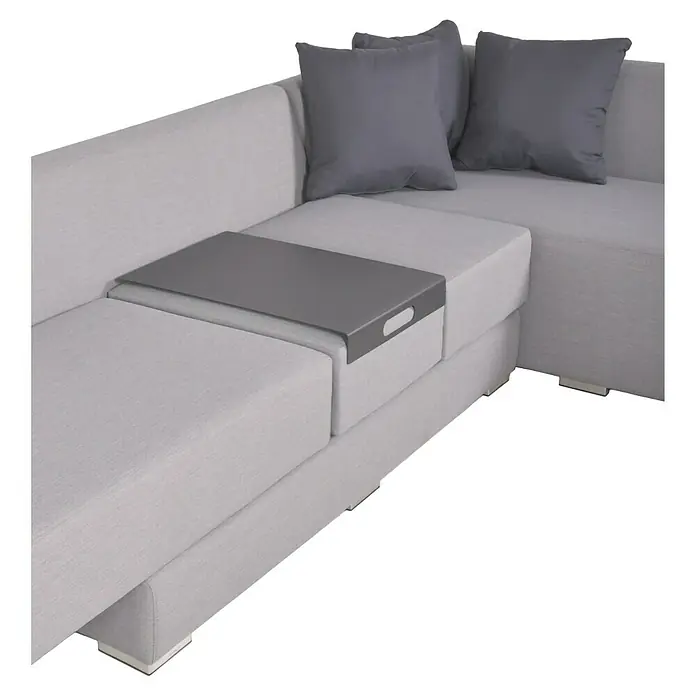 Garden Pleasure Loungemöbel-Set Wellington - 3 -tlg., Aluminium, Polyester, Hellgrau - Hellgraues L-förmiges Ecksofa mit dunkelgrauen Kissen und einem grauen Armlehntablett.