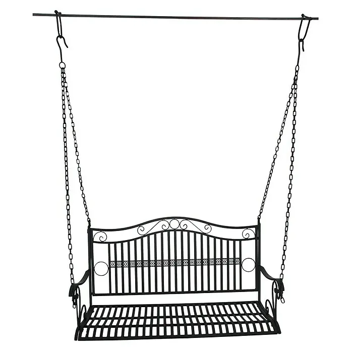 Garden Pleasure Hängebank Cumbal - B x T x H: 114 x 50 x 58 cm, Eisen, Schwarz-Matt - Schwarze Metallschaukelbank mit Zierlehne, an Ketten von einer Querstange hängend.