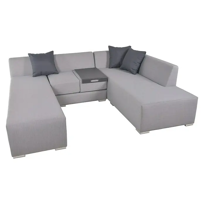 Garden Pleasure Loungemöbel-Set Wellington - 3 -tlg., Aluminium, Polyester, Hellgrau - Helles graues L-förmiges Modulsofa mit dunkelgrauen Kissen und abnehmbarem Tablett.