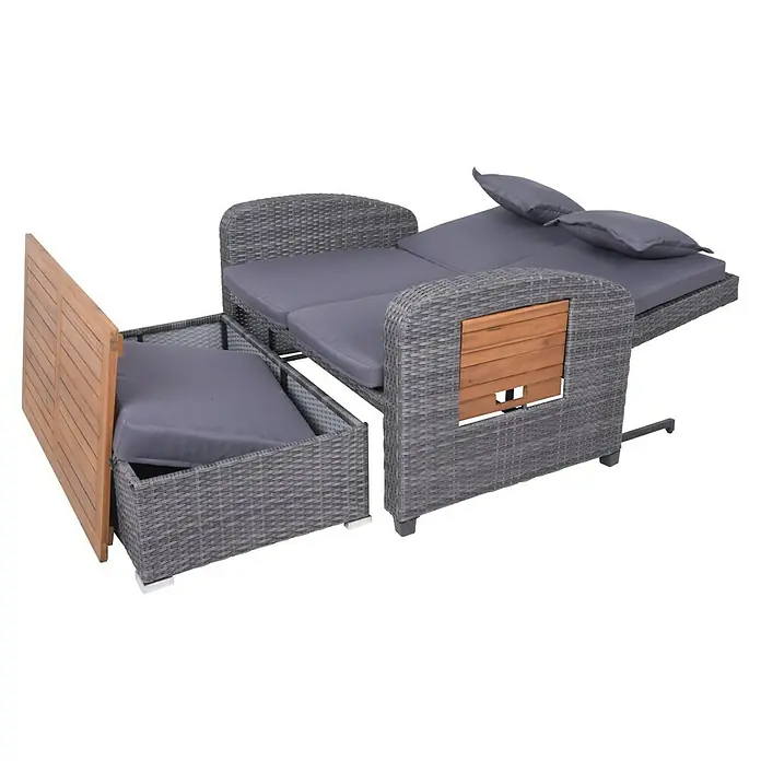 Garden Pleasure Loungesofa Bari - Stahl, Akazie, Polyester, Braun/Anthrazit - Graues Rattan-Outdoor-Tagesbett mit grauen Kissen und Holzdetails, ausgezogen mit Ausziehfach.