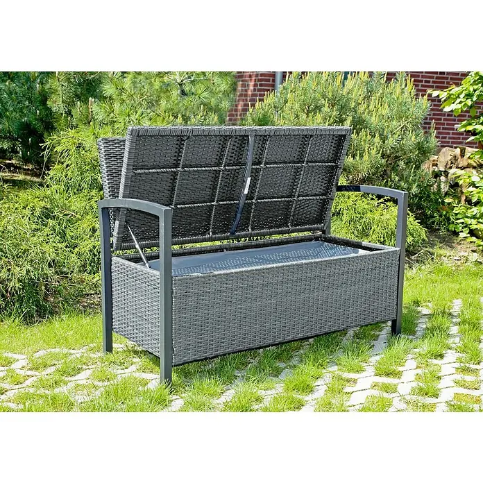 Garden Pleasure Gartenbank Ferrara - B x T x H: 117 x 58 x 86 cm, Aluminium, Polyrattan, Grau - Dunkelgraue Gartenbank aus Polyrattan mit Stauraum, Deckel offen.