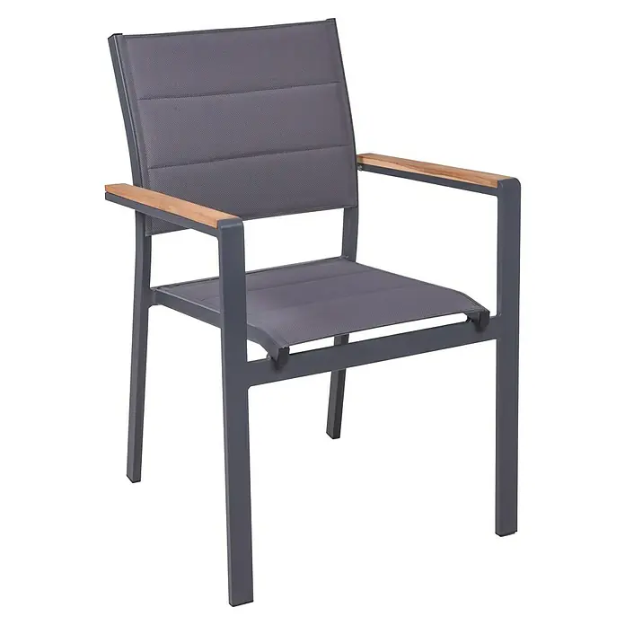 Garden Pleasure Stapelstuhl Davina - 2 Stk., Aluminium, Teak, Stapelbar, Dunkelblau, B x T x H: 58 x 57 x 86 cm - Grauer Gartenstuhl mit Metallgestell, Netzbespannung und Holzarmlehnen.