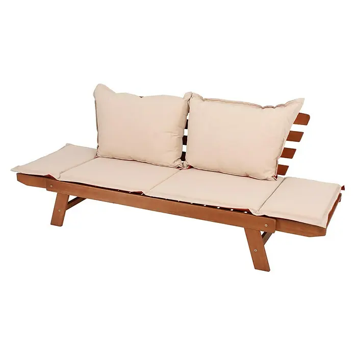 Garden Pleasure Gartenbank Fortuna - B x T x H: 162 x 72 x 75 cm, Eukalyptus, Natur, Klappbar - Holz-Gartenbank mit hellbeigen Kissen und rötlicher Paspelierung.