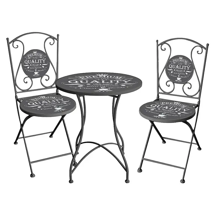 Garden Pleasure Gartenmöbel-Set Royal - 3 -tlg., Grau, Klappbar - Graues Metall-Bistro-Set mit 'PREMIUM QUALITY'-Aufschrift auf Tisch und Stühlen.