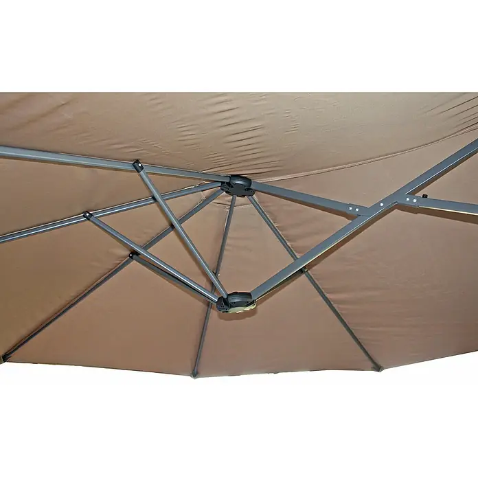 Garden Pleasure Marktschirm - Hellbraun, Bespannungsmaß (L x B): 265 x 450 cm - Unterseite eines beigen Sonnenschirms mit grauem Metallrahmen und Stützstreben.