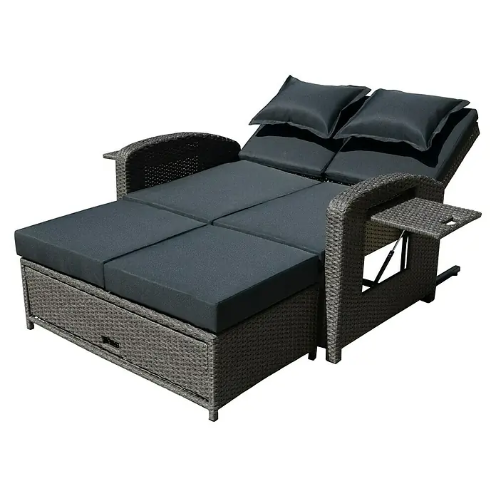 Garden Pleasure Loungesofa Nizza - Stahl, Kunststoff, Schwarz/Weidengrau - Graue Rattan-Gartenlounge mit dunkelgrauen Kissen, verstellbaren Rückenlehnen, ausziehbaren Beistelltischen und einer Schublade.