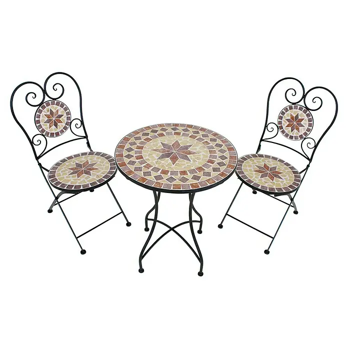 Garden Pleasure Balkonmöbel-Set Amarillo - 3 -tlg., Schmiedeeisen, Keramik, Braun/Ocker, Klappbar - Mosaik-Bistrotisch-Set mit Rundtisch und zwei Stühlen, Sternmuster und schwarzem Schmiedeeisengestell.