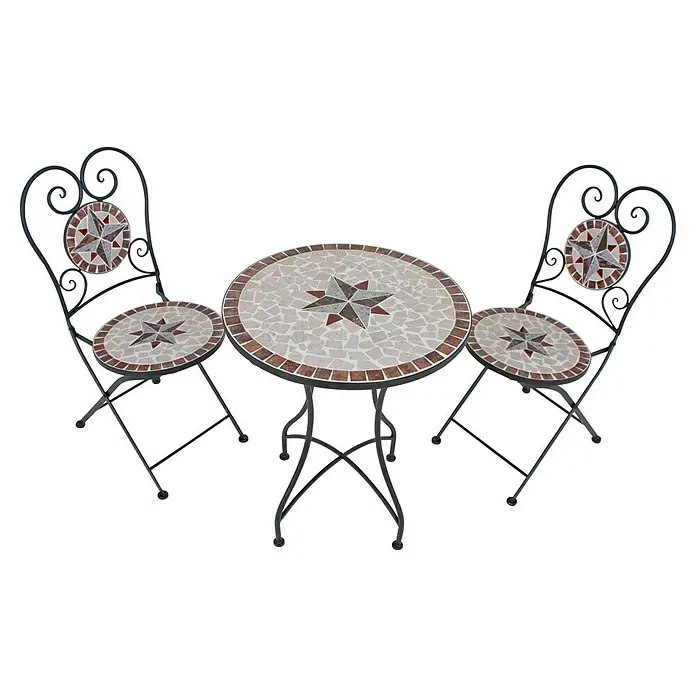 Garden Pleasure Balkonmöbel-Set Amarillo - 3 -tlg., Schmiedeeisen, Keramik, Weiß/Braun/Ocker, Klappbar - Mosaik-Bistro-Set mit rundem Tisch und zwei Stühlen, Sternmuster auf Sitzen und Tisch.