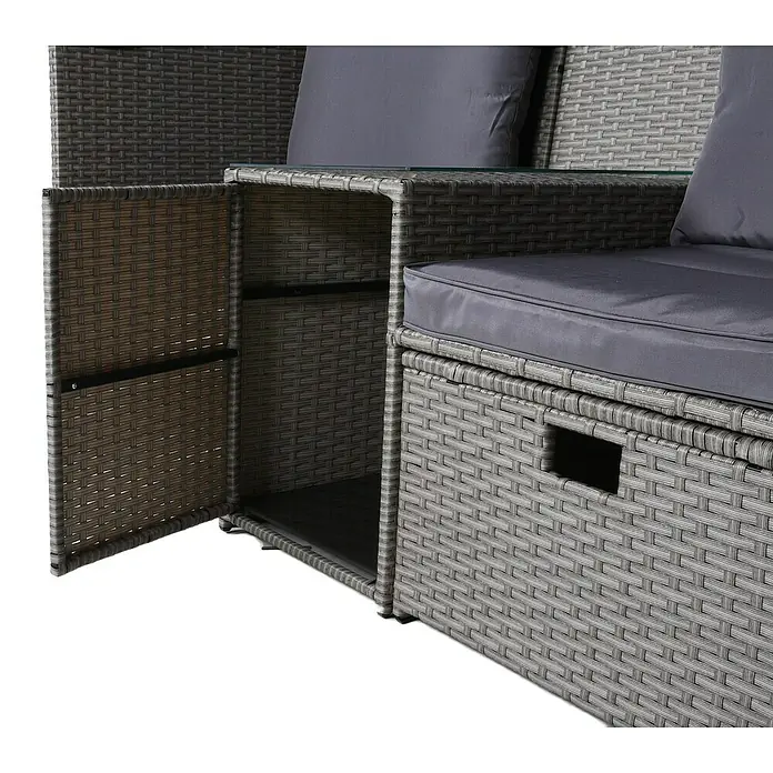 Garden Pleasure Loungesofa Saint-Tropez 2-Sitzer - B x T x H: 170 x 75 x 83 cm, Polyrattan, Schwarz/Silbergrau - Graue Rattan-Gartenmöbel mit grauen Kissen, integriertem Glastisch und offenem Staufach.