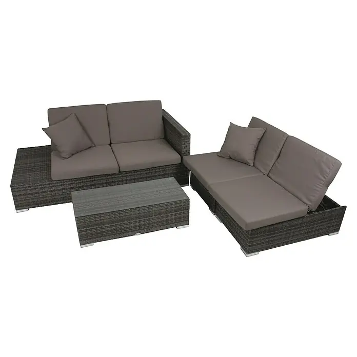 Garden Pleasure Loungemöbel-Set Alcudia - 4 -tlg., Aluminium, Kunststoffgeflecht HDPE, Grau - Graues Rattan-Gartenlounge-Set mit grauen Kissen und Glastisch.