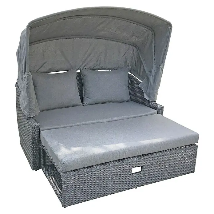 Garden Pleasure Loungesofa Monte Carlo - B x T x H: 146 x 144 x 74 cm, Aluminium, Polyethylen, Dunkelgrau, Ausziehbar - Graues Rattan-Gartenliege mit ausziehbarer Unterseite, grauen Kissen und Überdachung.