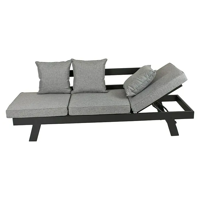 Garden Pleasure Loungesofa Donna - B x T x H: 216 x 74 x 70 cm, Aluminium, Polyester, Grau/Schwarz - Graues Outdoor-Sofa mit drei Kissen, davon ein verstellbares Rückenteil, auf einem dunkelgrauen Gestell.