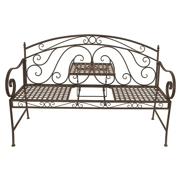 Garden Pleasure Gartenbank Saket mit hochklappbarem Tisch - B x T x H: 148 x 55 x 96 cm, Stahl, Braun - Dunkelbraune Metall-Gartenbank mit verschnörkeltem Rücken und integrierter Ablage.
