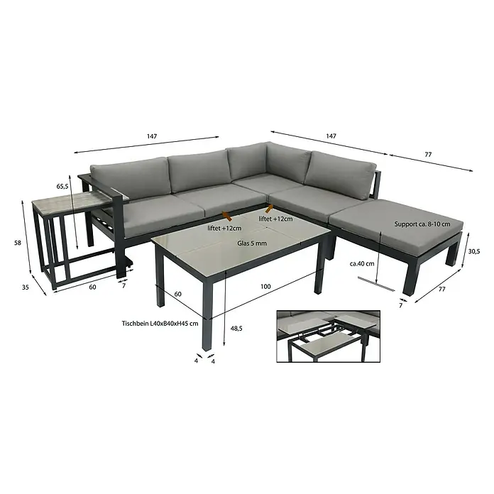 Garden Pleasure Loungemöbel-Set Miranda - 5 -tlg., Aluminium/Olefin, Grau/Anthrazit - Graue Eckloungegruppe mit anthrazitfarbenem Gestell, höhenverstellbarem Couchtisch mit Glasplatte und einem Beistelltisch.