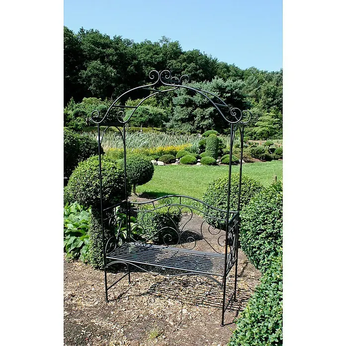 Garden Pleasure Gartenbank Colima mit Rosenbogen - B x T x H: 124 x 48 x 200 cm, Stahl, Schwarz - Verzierte schwarze Metall-Gartenbank mit integriertem Bogen in einer natürlichen Gartenumgebung.