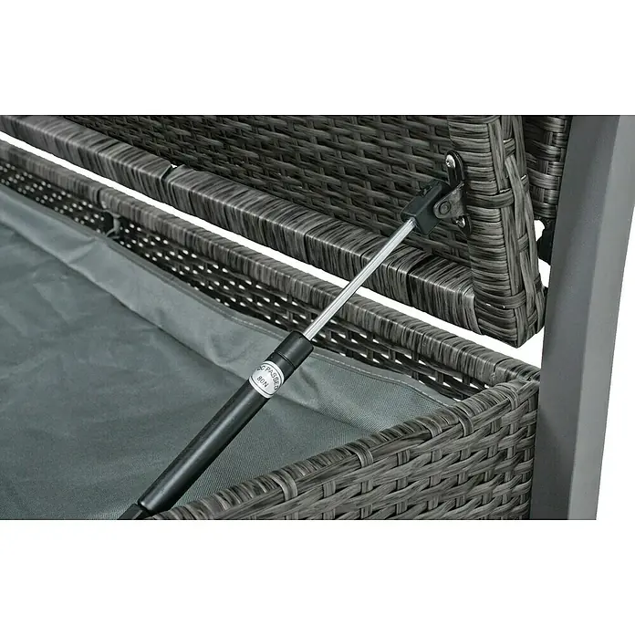 Garden Pleasure Gartenbank Ferrara - B x T x H: 117 x 58 x 86 cm, Aluminium, Polyrattan, Grau - Graue Polyrattan-Aufbewahrungsbox mit offenem Deckel, Gasdruckfeder und grauem Stoffinnenfutter.