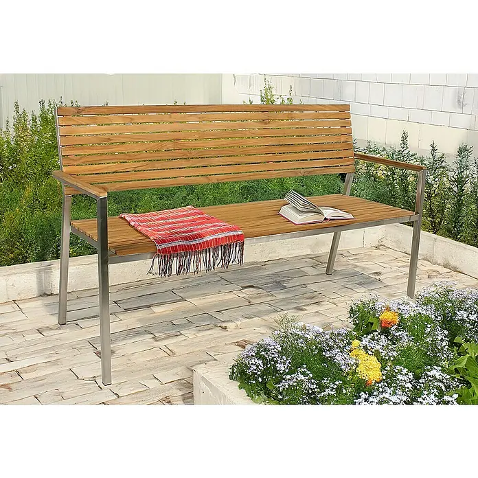 Garden Pleasure Gartenbank Denver 3-Sitzer - B x T x H: 144 x 56 x 86 cm, Teak, Edelstahl, Natur/Silber - Gartenbank mit Holzlatten und Metallgestell, ideal zum Entspannen mit Buch und Decke.