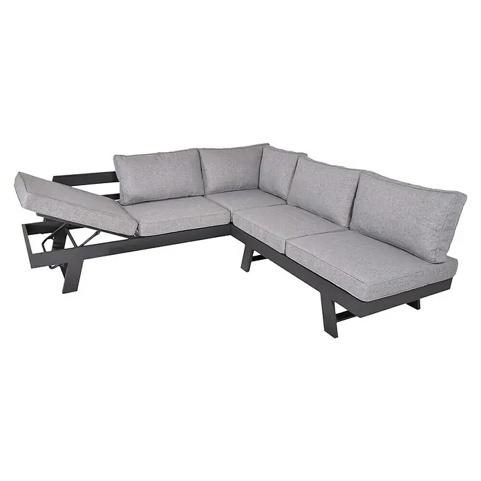 Garden Pleasure Loungemöbel-Set Donna - 3 -tlg., Aluminium, Polyester, Grau/Schwarz - Grau meliertes L-förmiges Outdoor-Sofa mit verstellbarer Liegefläche und dunkelgrauem Metallgestell.