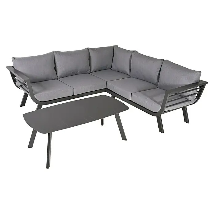 Garden Pleasure Loungemöbel-Set Aurelia - 3 -tlg., Aluminium, Polyester, Grau/Anthrazit - Graue Outdoor-Ecksofa-Garnitur mit passendem Couchtisch.