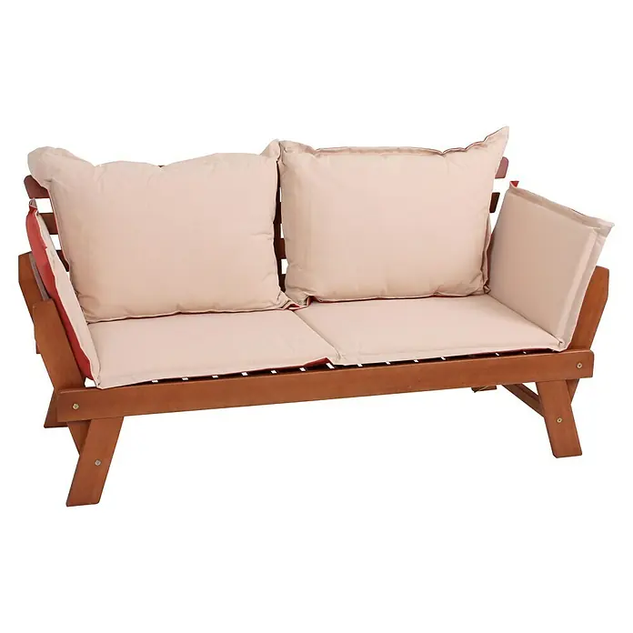 Garden Pleasure Gartenbank Fortuna - B x T x H: 162 x 72 x 75 cm, Eukalyptus, Natur, Klappbar - Gartenbank aus Holz mit braunem Gestell und zwei beigen Sitz- und Rückenkissen mit roter Paspel.