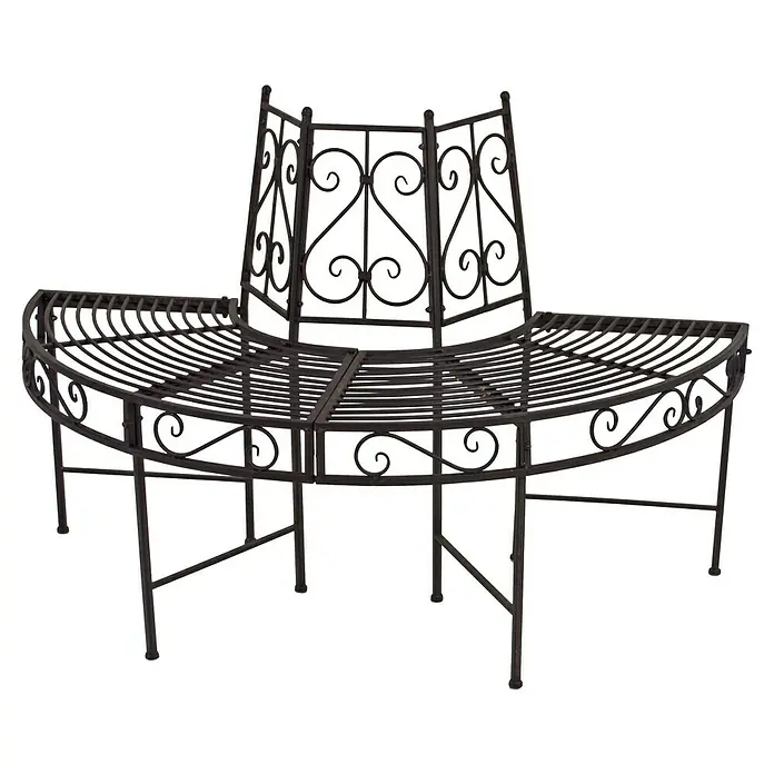 Garden Pleasure Gartenbank Narvi 180° - B x T x H: 122 x 63 x 80 cm, Stahl, Schwarz-Braun - Dunkle schmiedeeiserne dreiseitige Baumbank mit dekorativer Rückenlehne.