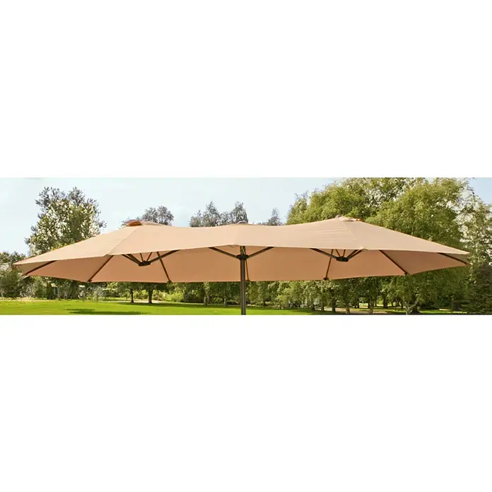 Garden Pleasure Marktschirm - Hellbraun, Bespannungsmaß (L x B): 265 x 450 cm - Großer beigefarbener rechteckiger Sonnenschirm in einer sonnigen Parkumgebung geöffnet, spendet Schatten.