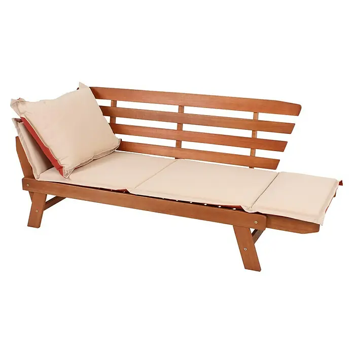Garden Pleasure Gartenbank Fortuna - B x T x H: 162 x 72 x 75 cm, Eukalyptus, Natur, Klappbar - Gartenliege aus Holz mit cremefarbenen Auflagen und rotem Keder.