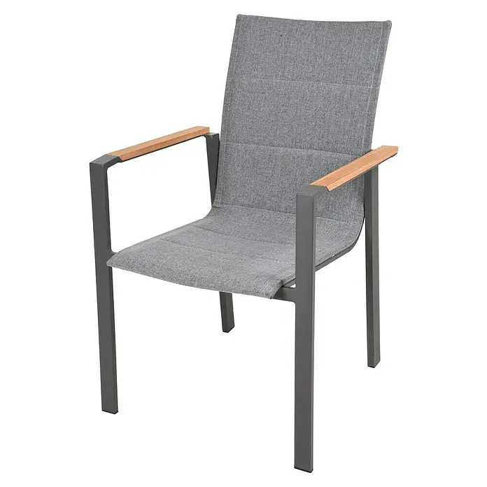 Garden Pleasure Stapelstuhl Davina - 2 Stk., Stapelbar, Hellgrau, B x T x H: 90 x 162 x 75 cm - Grauer Outdoor-Stuhl mit Textilsitz und -rücken, hellen Holzarmlehnen und dunklem Metallgestell.