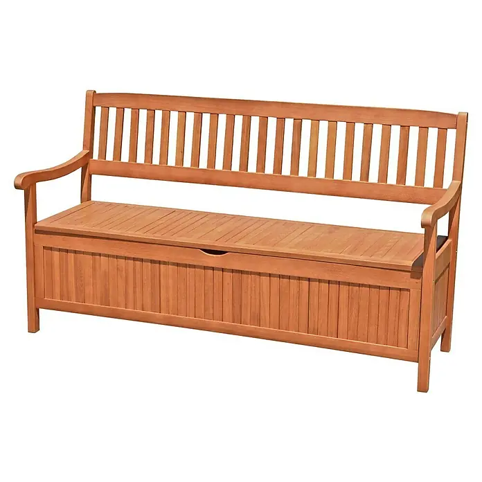 Garden Pleasure Gartenbank Houston 3-Sitzer - B x T x H: 157 x 59 x 90 cm, Eukalyptus, Natur - Hellbraune Holz-Sitzbank mit Lamellenrückenlehne und Armlehnen, bietet Sitzgelegenheit und Stauraum unter der Sitzfläche.
