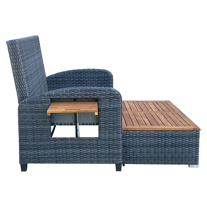 Garden Pleasure Loungesofa Bari - Stahl, Akazie, Polyester, Braun/Anthrazit - Grauer Outdoor-Loungesessel aus Korbgeflecht mit integriertem Holztisch und Fußteil.