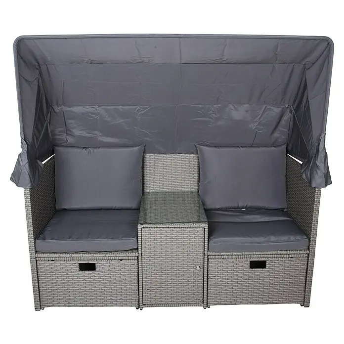 Garden Pleasure Loungesofa Saint-Tropez 2-Sitzer - B x T x H: 170 x 75 x 83 cm, Polyrattan, Schwarz/Silbergrau - Graues Rattan-Gartensofa mit Verdeck, zwei Sitzen, Mitteltisch und Stauraum, inklusive grauer Kissen.