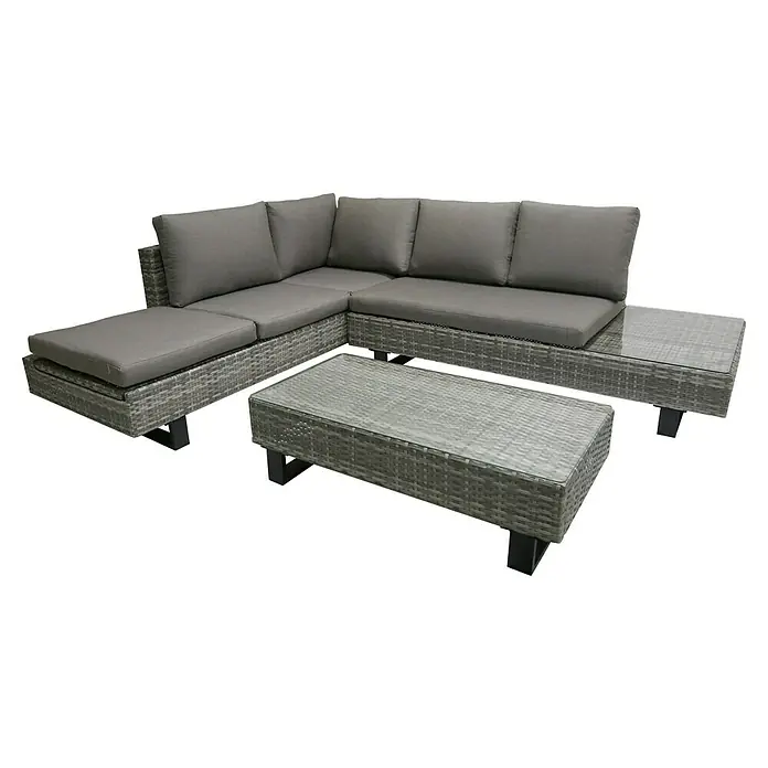 Garden Pleasure Loungemöbel-Set Cadiz - 3 -tlg., Aluminium, Kunststoffgeflecht HDPE, Schwarz/Grau - Graues Polyrattan-Gartensofa mit grauen Kissen und zwei passenden Tischen mit Glasplatten.