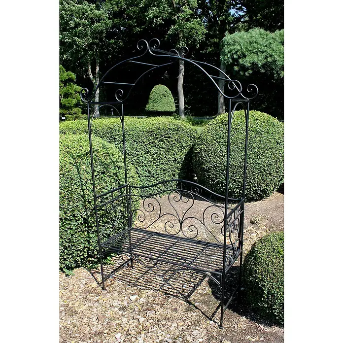 Garden Pleasure Gartenbank Colima mit Rosenbogen - B x T x H: 124 x 48 x 200 cm, Stahl, Schwarz - Schwarze Metallgartenbank mit integriertem Torbogen, in einer grünen Gartenlandschaft.