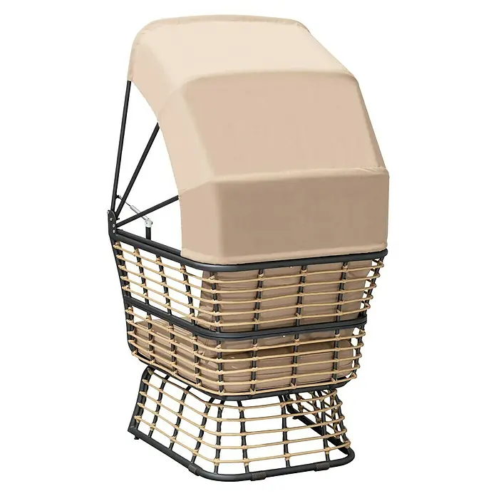 Garden Pleasure Garten-Loungesessel Paros - Beige/Anthrazit, B x T x H: 130 x 83 x 154 cm - Beiger Outdoor-Stuhl aus Korbgeflecht und dunklem Metall mit Schutzdach und weichen Kissen.