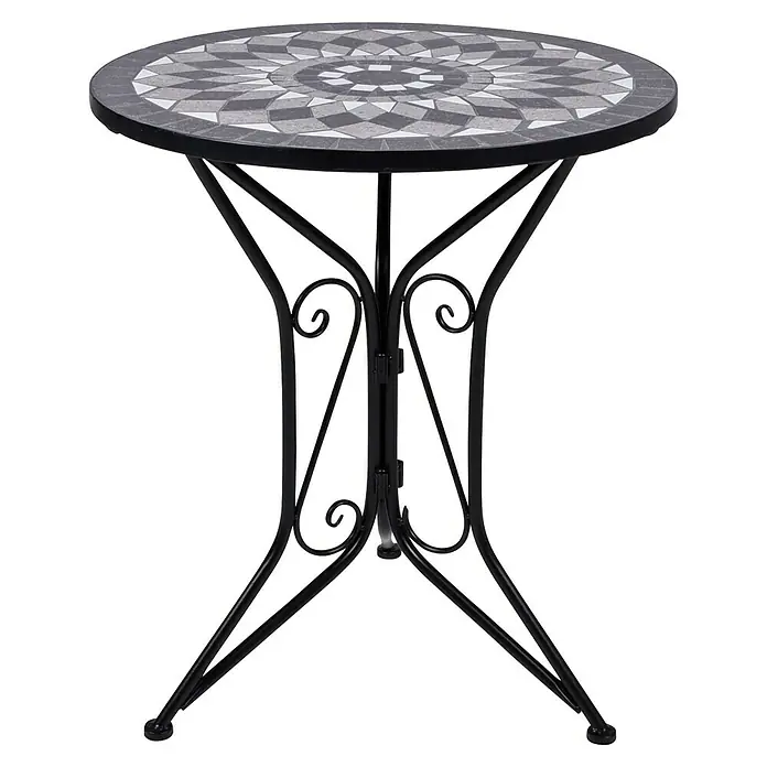 Garden Pleasure Balkonmöbel-Set Jalua - 3 -tlg., Stahl, Keramik, Schwarz-Grau-Weiß, Klappbar - Runder Bistrotisch mit schwarzem schmiedeeisernem Untergestell und einer Mosaikplatte mit geometrischen Mustern in Grau und Weiß.