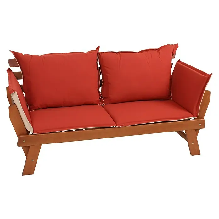 Garden Pleasure Gartenbank Fortuna - B x T x H: 162 x 72 x 75 cm, Eukalyptus, Natur, Klappbar - Zweisitzer Gartenbank aus Holz mit roten Sitz- und Rückenkissen.