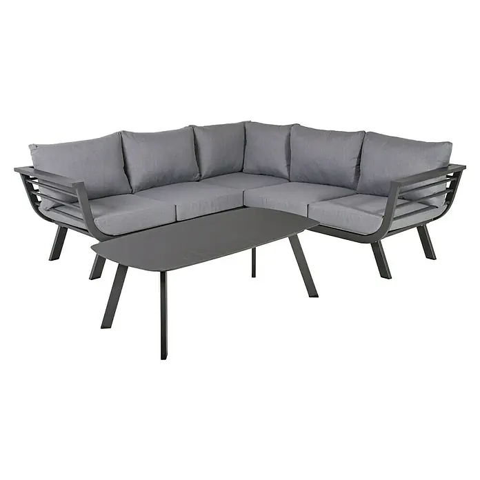 Garden Pleasure Loungemöbel-Set Aurelia - 3 -tlg., Aluminium, Polyester, Grau/Anthrazit - Graues L-förmiges Outdoor-Lounge-Sofa mit passenden Stoffkissen und rechteckigem Couchtisch.
