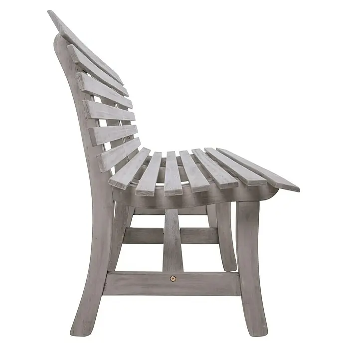 Garden Pleasure Gartenbank Mandalay - B x T x H: 150 x 60 x 82 cm, Eukalyptus, Grau - Seitenansicht einer grauen, verwitterten Holz-Gartenbank mit Lattenrost-Sitzfläche und Rückenlehne.