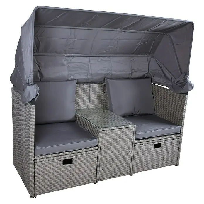 Garden Pleasure Loungesofa Saint-Tropez 2-Sitzer - B x T x H: 170 x 75 x 83 cm, Polyrattan, Schwarz/Silbergrau - Graues Polyrattan-Gartensofa mit Verdeck, zwei Sitzen, grauen Kissen und integriertem Glastisch mit Stauraum.
