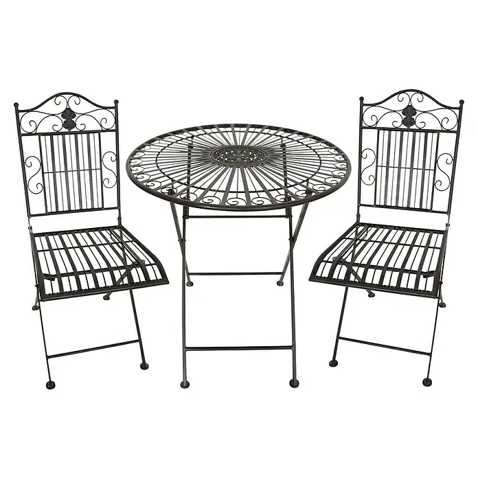 Garden Pleasure Balkonmöbel-Set Mangan - 3 -tlg., Stahl, Schwarzbraun, Klappbar - Dunkles Schmiedeeisen-Bistro-Set mit aufwendig gestaltetem Rundtisch und zwei passenden Stühlen.