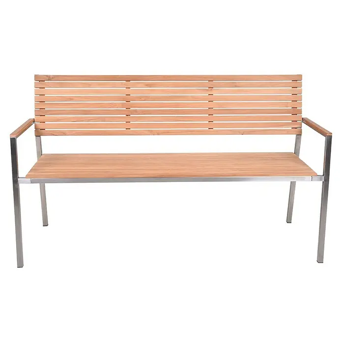 Garden Pleasure Gartenbank Denver 3-Sitzer - B x T x H: 144 x 56 x 86 cm, Teak, Edelstahl, Natur/Silber - Moderne Holzlattenbank mit silbernem Metallrahmen und Armlehnen.