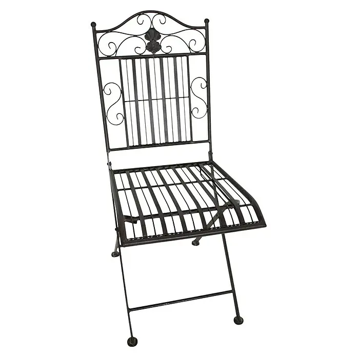 Garden Pleasure Balkonmöbel-Set Mangan - 3 -tlg., Stahl, Schwarzbraun, Klappbar - Dunkler Metall-Klappgartenstuhl mit dekorativen Schnörkeln und Lattenrostsitz.