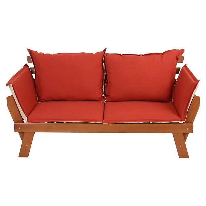Garden Pleasure Gartenbank Fortuna - B x T x H: 162 x 72 x 75 cm, Eukalyptus, Natur, Klappbar - Hölzerne Outdoor-Zweisitzerbank mit leuchtend roten Rücken- und Sitzkissen.