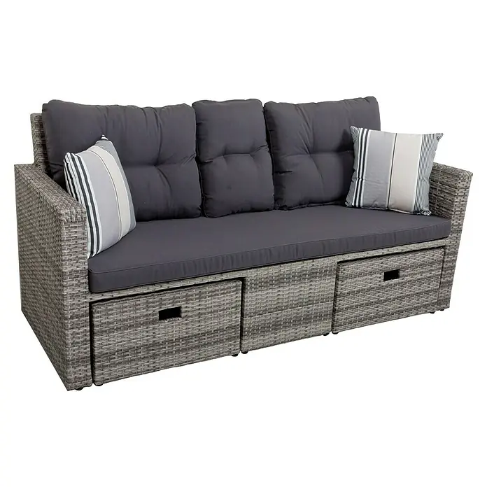 Garden Pleasure Loungesofa Valletta - B x T x H: 180 x 75 x 86 cm, 3 -tlg., Aluminium, Kunststoffgeflecht HDPE, Schwarz/Grau - Graues Polyrattan Outdoor-Sofa mit dunkelgrauen Kissen, gestreiften Zierkissen und integrierten Schubladen.