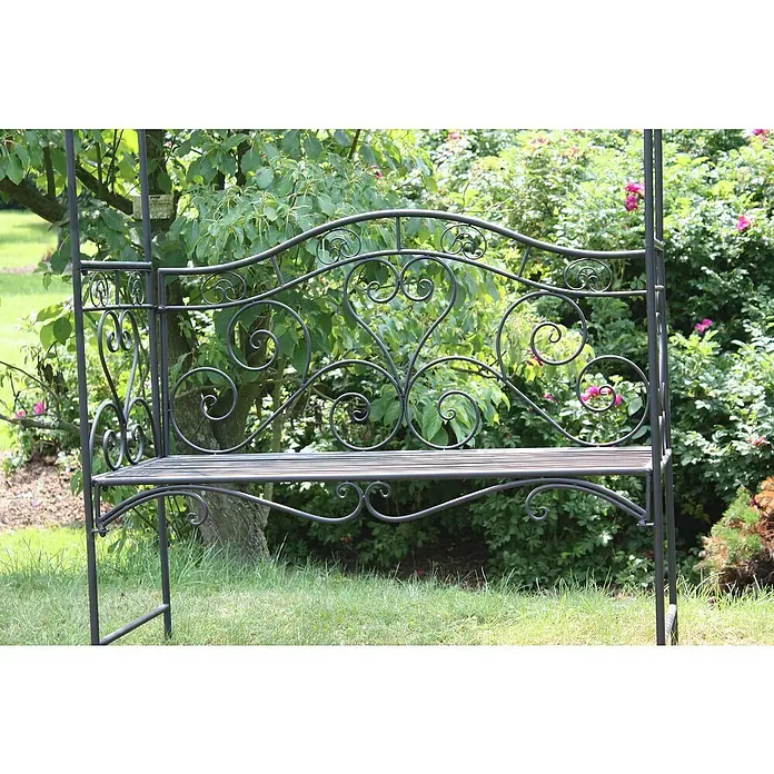 Garden Pleasure Gartenbank Colima mit Rosenbogen - B x T x H: 124 x 48 x 200 cm, Stahl, Schwarz - Dunkelgraue schmiedeeiserne Gartenbank mit dekorativen Schnörkeln.